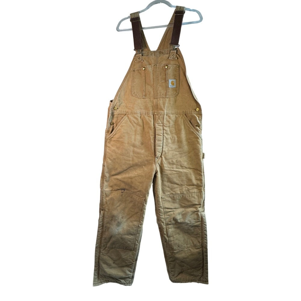Carhartt R03 Duck Bib Overalls Quilt Lined Double Knee Brown 36x32‎ USA Thrashed